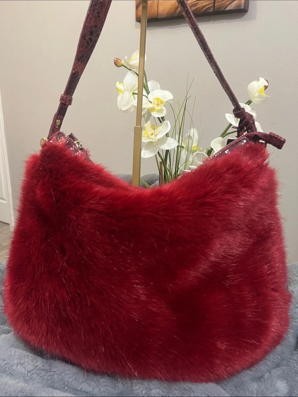 SR Sondra Roberts Deep Red Faux Fur Hobo with Logo Charm NWT retail $132